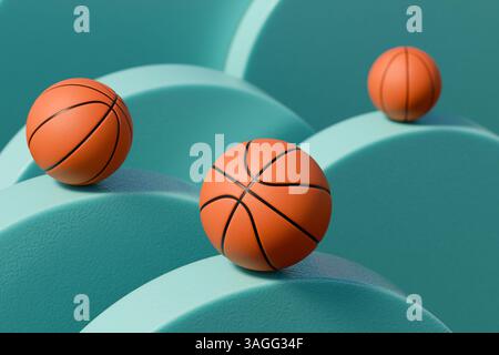 Drei Basketbälle auf leuchtenden blauen Wellen, die ein verspieltes Sportthema zeigen. 3D-Rendering Stockfoto