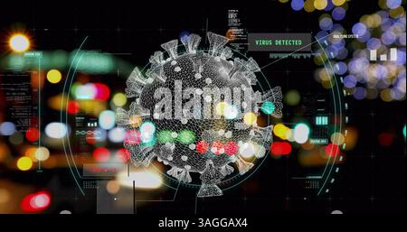 Bild der COVID-19-Zelle und des Oszilloskops über unscharfe Verkehrs- und Stadtlichter Stockfoto