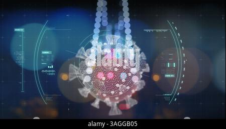 Bild der COVID-19-Zelle und des Oszilloskops über unscharfe Verkehrs- und Stadtlichter Stockfoto