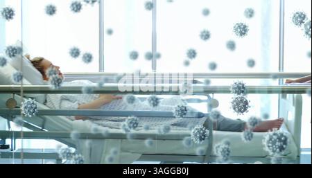 COVID-19-Zellen, die gegen Ärzte schwimmen, die eine Patientin Rollen Stockfoto