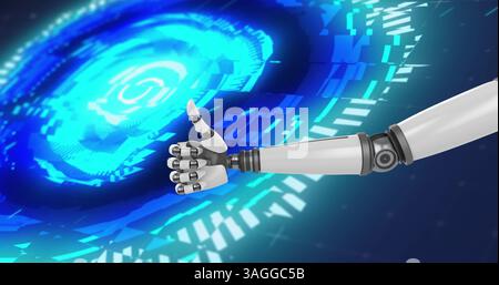 Bild der Hand des Roboters mit hochgeklappten Oszilloskopen, die auf blauem Hintergrund scannen Stockfoto