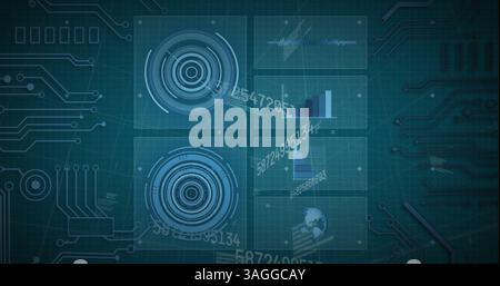 Bild: Oszilloskop scannen, Zahlen ändern und Datenverarbeitung Stockfoto