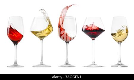 Verschiedene Weinsorten, die in Gläsern auf weißem Hintergrund spritzen, Set Stockfoto