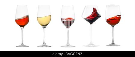 Verschiedene Weinsorten, die in Gläsern auf weißem Hintergrund spritzen, Set Stockfoto