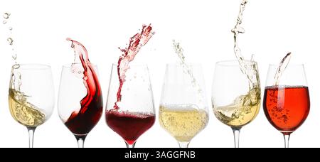 Verschiedene Weinsorten, die in Gläsern auf weißem Hintergrund spritzen, Set Stockfoto
