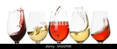 Verschiedene Weinsorten, die in Gläsern auf weißem Hintergrund spritzen, Set Stockfoto