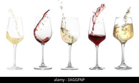 Verschiedene Weinsorten, die in Gläsern auf weißem Hintergrund spritzen, Set Stockfoto