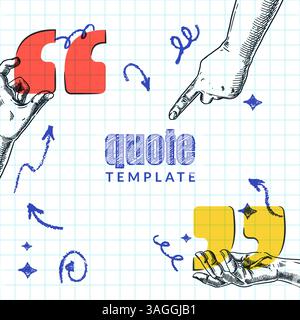 Menschliche Hand hält mehrfarbige Anführungszeichen. Vektorgrafik von Hand gezeichnet. Banner, Posterziffer, leerer Hintergrund, Vorlage für Post-Design in sozialen Medien Stock Vektor