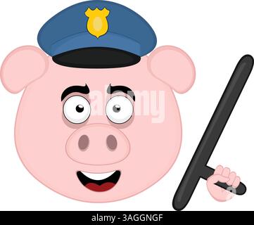 Vektor-Illustration Emoji Charakter Gesicht Schwein Cartoon, mit einer Polizeimütze und Nachtstock Stock Vektor