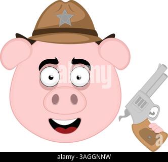 Vektor-Illustration Emoji-Charakter Gesicht Schwein-Cartoon, Cowboy Sheriff mit einer Waffe in der Hand Stock Vektor