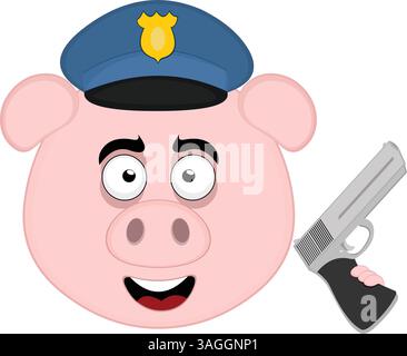 Vektor-Illustration Emoji Charakter Gesicht Schwein Cartoon, mit einem Polizeihut und einer Waffe Stock Vektor