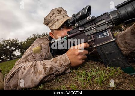 Parris Island, South Carolina, USA. April 2025. Rct. Sadrian Perez, Rekrut bei Delta Company, 1. Rekrutierungs-Bataillon, übt Sichtung im Marine Corps Recruit Depot Parris Island, S.C., 1. April 2025. Während der Graswoche lernen und testen Rekruten den Betrieb und die Verwendung von Gewehren, um sich auf die Qualifikation in Tabelle 1 in der nächsten Woche vorzubereiten. (Kreditbild: © U.S. Marines/ZUMA Press Wire) NUR REDAKTIONELLE VERWENDUNG! Nicht für kommerzielle ZWECKE! Stockfoto