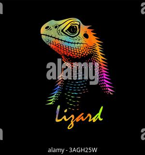 Farbiger Echsenkopf auf schwarzem Hintergrund. Handzeichnung. Nicht AI, Vektorillustration Stock Vektor
