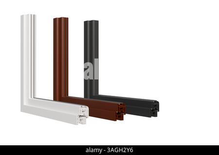 3D-Modell von Fensterprofilen im Schnitt in weißen und grauen und braunen Farben auf weißem Hintergrund, Fensterdarstellung Stockfoto