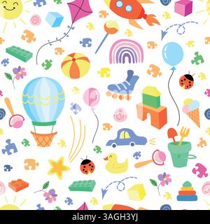 Happy Childrens Day Muster. Nahtloses Ornament mit farbenfrohen Spielzeugen. Hand gezeichnet trendige Vektor-Illustration für Kinder. Geeignet für Stoff, Textil, GIF Stock Vektor