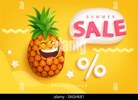 Sommer-Sale-Banner mit lächelnder 3D-Ananas. Stock Vektor