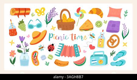 Picknick-Zeit-Vektor-Set. Handgezeichnete flache Illustrationen mit Picknickkorb, Sommerkost, Getränken, Blumen, Windspinner, Radio, Decke, Hut, Sonnenbrille. Stock Vektor