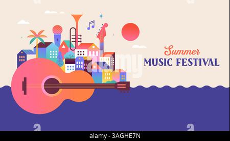 Bunte geometrische Vorlage für Sommermusik, Poster, Banner. Lustiges Sommerkonzept mit Gitarre und Stadtleben. Vektor Stock Vektor