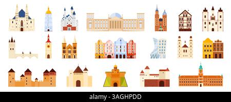 Flaches Set berühmter europäischer Architekturstile, einschließlich Burgen, Kirchen, alten Stadthäusern und modernen Gebäuden. Repräsentiert regionale Geschichte und Designerbe, Vektorillustration. Stock Vektor