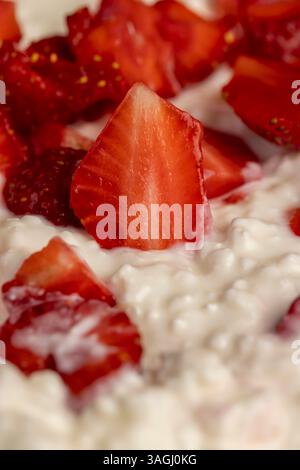 Kalorienarmer Hüttenkäse mit Sauerrahm und frischen roten Erdbeeren, weißer Sauermilch-Hüttenkäse mit Reifen süßen Erdbeeren in Stücke geschnitten Stockfoto