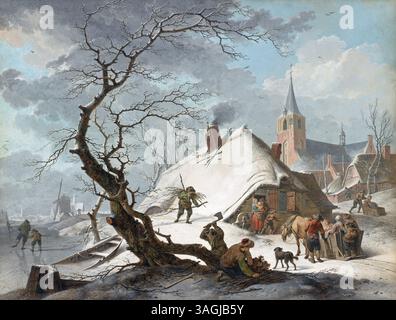 Eine Winterszene Hendrik Meyer niederländische Landschaft aus dem 18. Jahrhundert, 1787, Schwarze Kreide, Stift und braune Tinte, Gouache, Stift und schwarze Tinte Rahmenlinien; Aquarellmalerei Kunstwerk, Wanddekoration Poster Stockfoto
