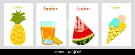 „Hello Summer Color Postkarten Design Template Layout“. Ananas Wassermelone Orangensaft Eis. Vektorabbildung. Stock Vektor