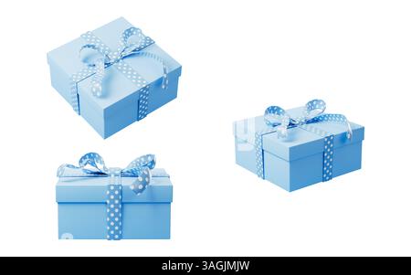 Blaue Geschenkboxen im Cartoon-Stil, 3D-Rendering. 3D-Abbildung. Stockfoto