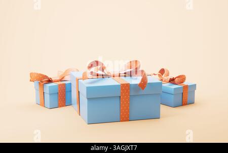Geschenkboxen im Cartoon-Stil mit gelbem Hintergrund, 3D-Rendering. 3D-Abbildung. Stockfoto