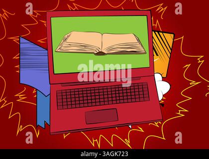 Comic-Laptop, Comic-Notizbuch mit Buch. Retro-Vektor-Comics Pop-Art-Design. Stock Vektor
