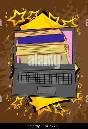 Comic-Laptop, Comic-Notizbuch mit Buch. Retro-Vektor-Comics Pop-Art-Design. Stock Vektor