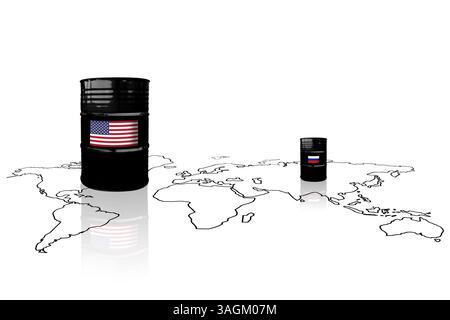 Rohölfässer auf einem Weltkartenhintergrund mit USA- und Russland-Flaggen. Rohölpreise. Zölle, Zölle, Steuern und Handelskrieg Stockfoto