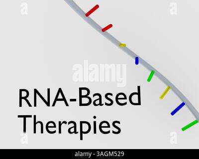 3D-Illustration eines RNA-basierten Therapieskripts mit einer einzelnen Helix, isoliert über hellgrauem Hintergrund. Stockfoto