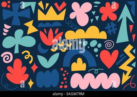 Abstrakte Vektorformen. Organische Farbgrafik auf dunklem Hintergrund. Modernes handgezeichnetes Design-Set. Niedliche Kritzeleien und Blobs. Trendige Retro-Kollektion von Stock Vektor