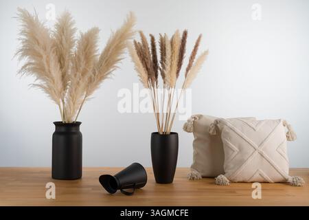 Boho Chic: Pampas Gras, schwarze Vasen und Polster still Life Interior Stockfoto