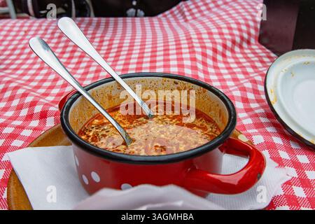 Traditionelle slowakische ukrainische Russische Kohlsuppe mit Wurst und Räucherfleisch, serviert in rotem Retro-Metalltopf mit zwei Löffeln. Schüssel mit köstlichem Soljan Stockfoto