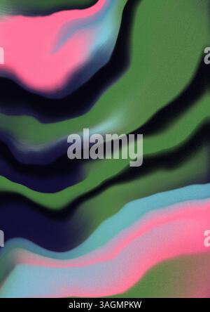 Abstrakter verlaufender Hintergrund mit glatten rosa, grünen, schwarzen, blauen Farbübergängen auf dunklem Hintergrund mit körniger Textur. Präsentationsvorlage. Stockfoto