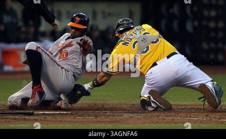 15. September 2012 - Oakland, CA, USA - der Adam Jones der Baltimore Orioles (10) wird am Samstag, den 15. September 2012, im vierten Inning im O.Co Coliseum in Oakland, Kalifornien, vom Oakland Athletics Catcher Derek Norris zu Hause ausgetaggt. (Kreditbild: © Anda Chu/MCT/ZUMAPRESS.com) Stockfoto
