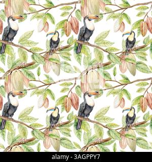 Tukanvogel auf einem Zweig mit Blättern. Nahtloses Muster Schokolade Baum Früchte und Vögel. Kakaobohnen. Aquarellillustration, handgezeichnete Schokoladenbaumfrüchte in Pastellfarben für Verpackungen, Textilien und botanische Designs Stockfoto