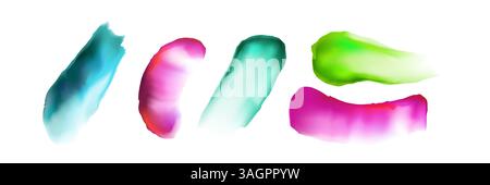 Bunte Aquarellpinselstriche – leuchtende grüne, rosa und blaue Farbpinselspritzer. Moderne flüssige Aquarellmalerei Flecken, Flecken, Flecken und Flecken. Leuchtende, flüssige Tintenflecken. Stock Vektor