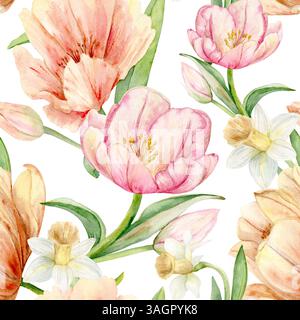 Frühlingsblumen, Tulpen und Narzissen. Nahtloses Muster. Handgezeichnete Aquarellillustration in Pastellfarben für Verpackungen, Textilien und botanische Desi Stockfoto
