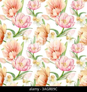 Frühlingsblumen, Tulpen und Narzissen. Nahtloses Muster. Handgezeichnete Aquarellillustration in Pastellfarben für Verpackungen, Textilien und botanische Desi Stockfoto