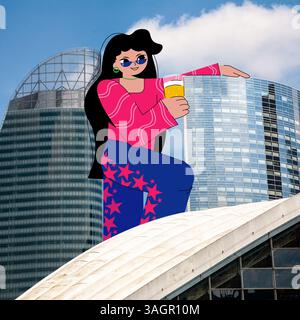 Zeitgenössische Kunstcollage. Übergroße Figur in rosa und blau gemusterter Kleidung, die auf dem Dach mit einem Drink posiert und den verspielten urbanen Geist repräsentiert Stockfoto
