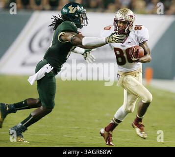 29. September 2012 - Tampa, FL, USA - Florida State Wide Receiver Rashad Greene (80) fährt am Samstag, 29. September 2012, im Raymond James Stadium in Tampa, Florida von South Florida aus in die Ecke Fidel Montgomery. Florida State besiegte Südflorida von 30 bis 17. (Kreditbild: © Stephen M. Dowell/MCT/ZUMAPRESS.com) Stockfoto