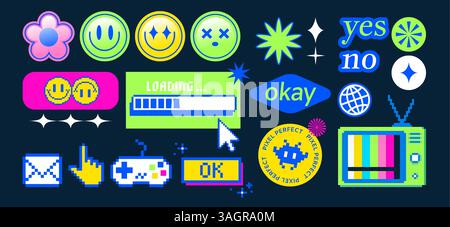 Y2K Ästhetisches Stickerset in leuchtenden Neonfarben und Pixelart-Stil mit positiven Phrasen, Lächeln und Herzen, Sternen und Formen, Mädchengesicht. Lustige nostalgische Grafikelemente im Retro-Stil der 90er Jahre für trendige Designs. Stock Vektor