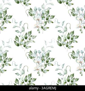 Eukalyptus, weiße Orchideen und holly handgemalte Blumenmuster isoliert. Weiche pastellfarbene Aquarelle wiederholte Textur von welligen Ästen und üppigem Grün Stockfoto
