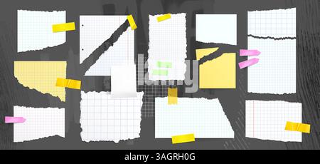 Zerrissene Papierblattfragmente mit kariertem Rastermuster auf dunklem Hintergrund - weiße zerrissene Notizbuchseiten mit bunten Haftnotizen. Realistisches Scrapbooking-Set, geschredderte Schrott mit zerfetzten Kanten Stock Vektor