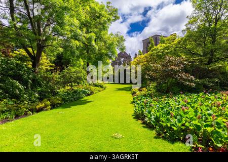 Blick auf die Holyrood Abbey im Stadtzentrum von Edinburgh. Edinburgh, Schottland, Vereinigtes Königreich, Europa. Stockfoto
