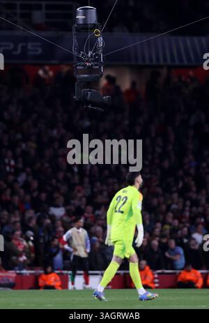 London, Großbritannien. April 2025. Spidercam beim Spiel Arsenal gegen Real Madrid UEFA Champions League im Emirates Stadium in London. Der Bildnachweis sollte lauten: David Klein/Sportimage Credit: Sportimage Ltd/Alamy Live News Stockfoto
