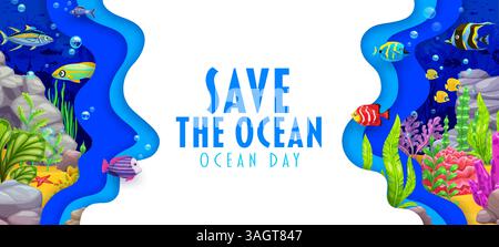 Oceans Day Paper Cut Banner mit tropischen Fischen und Unterwasserlandschaft. Meer und Ozean Welt Tag papercut Hintergrund, Unterwasser Leben Hintergrund oder Banner mit Fischen und Bodenalgen Pflanzen Stock Vektor