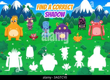 Finde den richtigen Schatten lustiger Monster-Charaktere, Spieltabelle für Kinder. Vektor-logische Kinderaktivität, Rätsel für die Entwicklung des Geistes, mit schrulligen und liebenswerten Kreaturen in einer Outdoor-Landschaft Stock Vektor